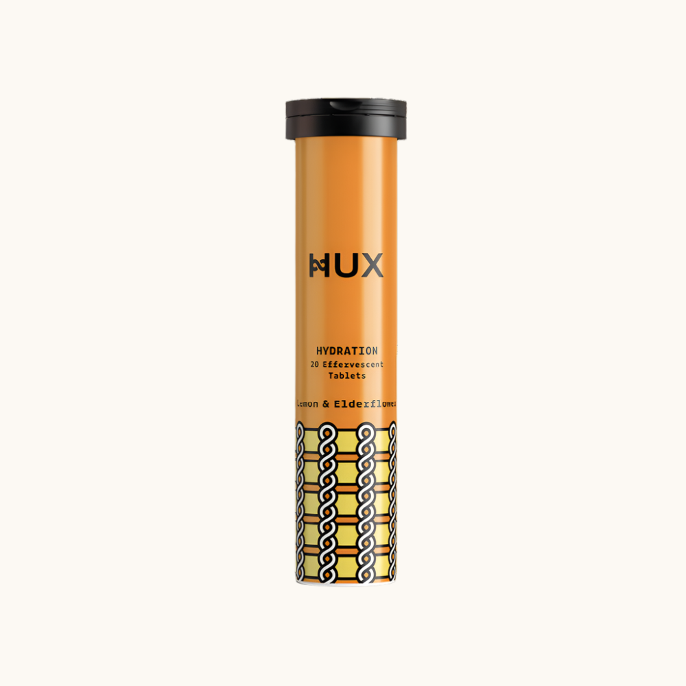 HUX Hydration effervescent tablets in a Lemon & Elderflower tube, product photo for the natural health supplements collection.