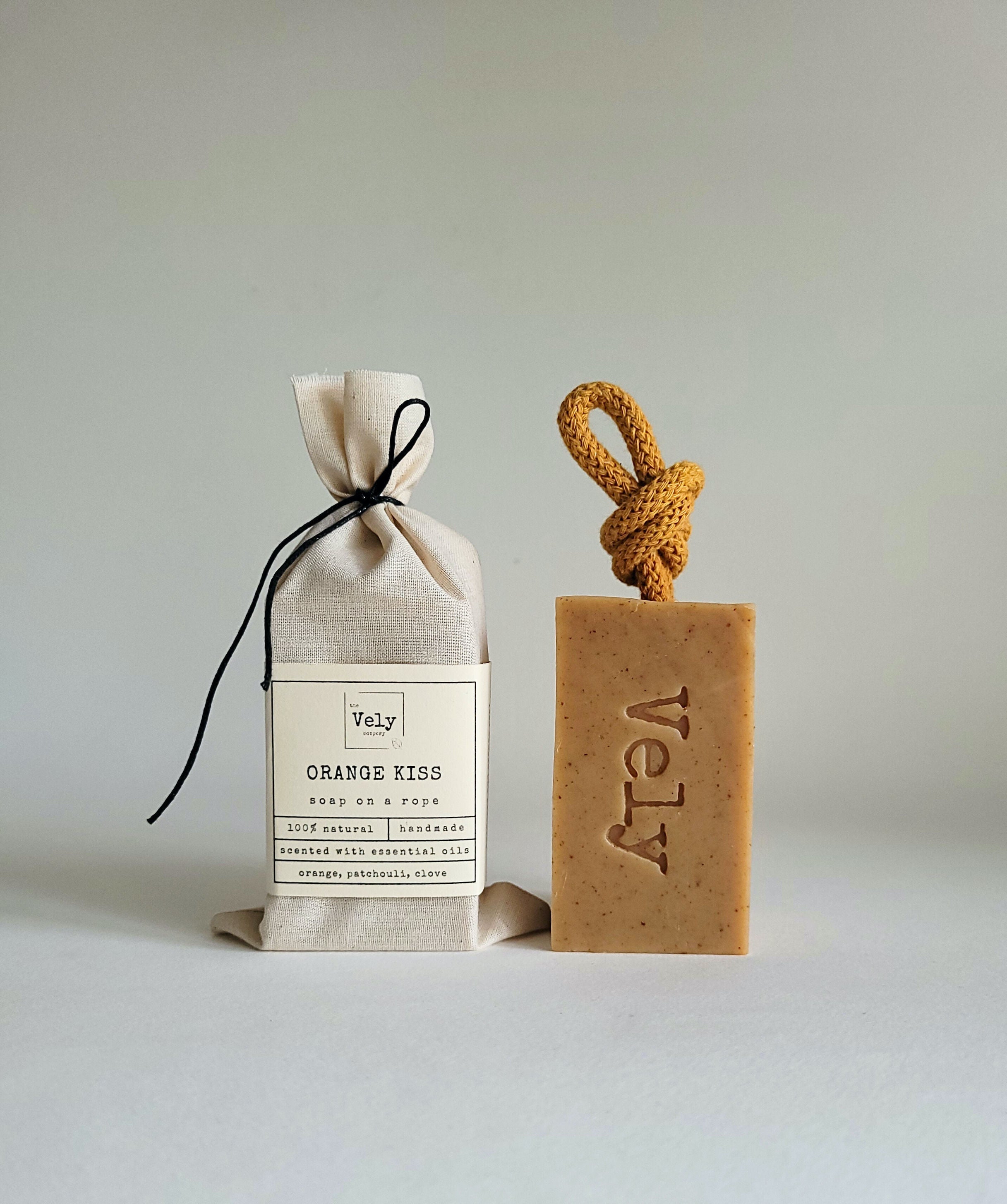 Natural Vegan Soap On A Rope With Orange and Turmeric "Orange Kiss"