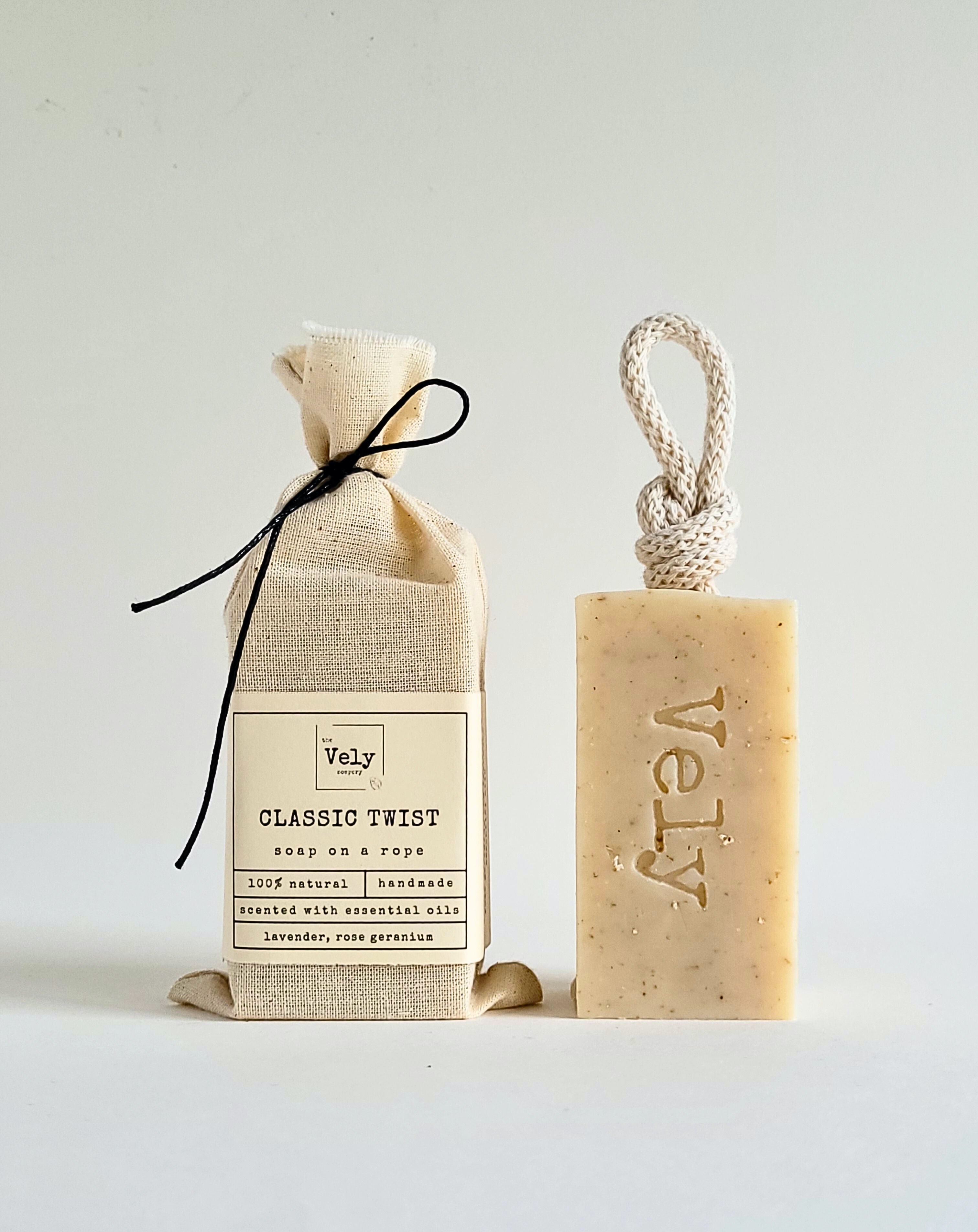 Natural Vegan Soap On A Rope With Oatmeal and White Clay "Classic Twist"