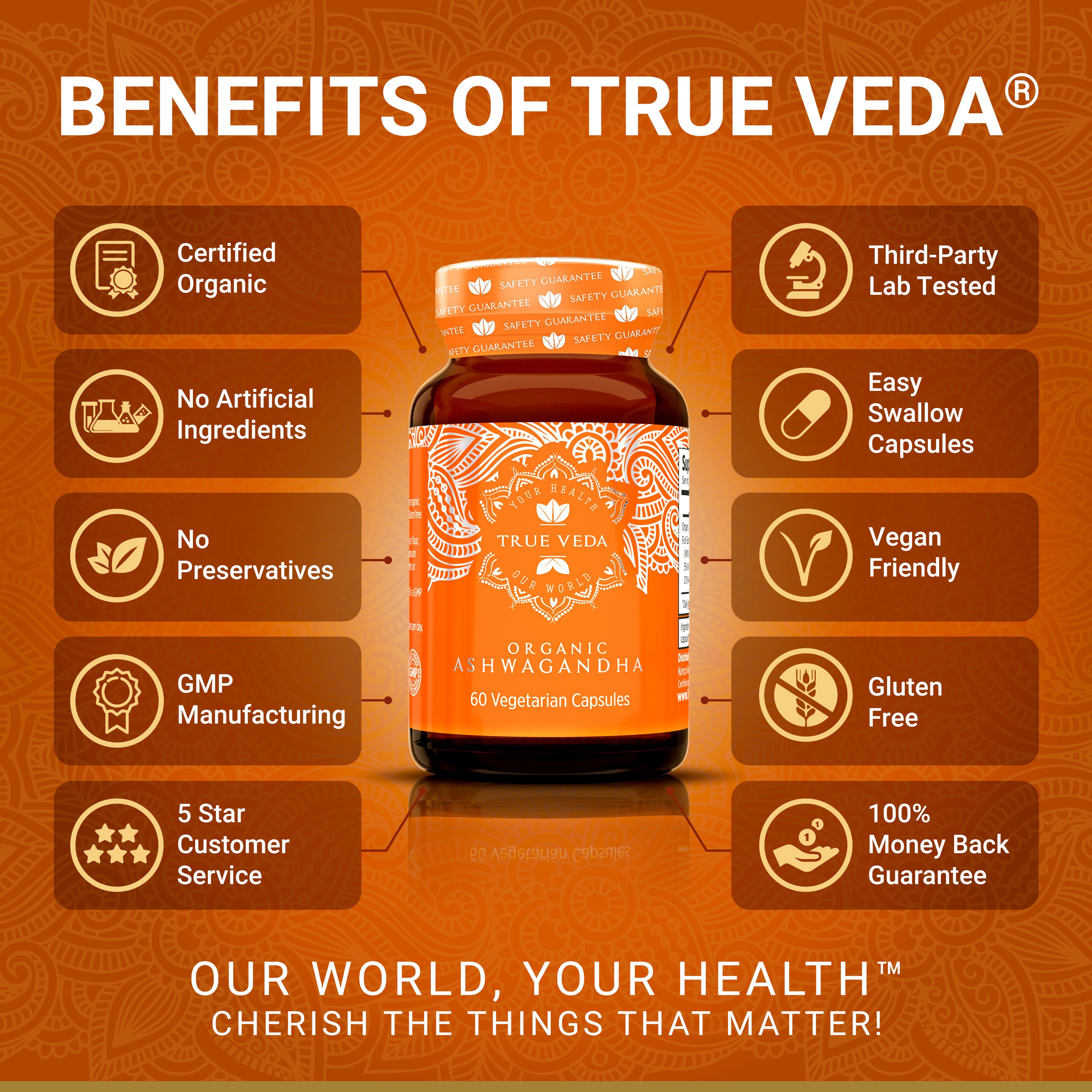 True Veda Organic Ashwagandha 180 Capsules (3 Bottles)