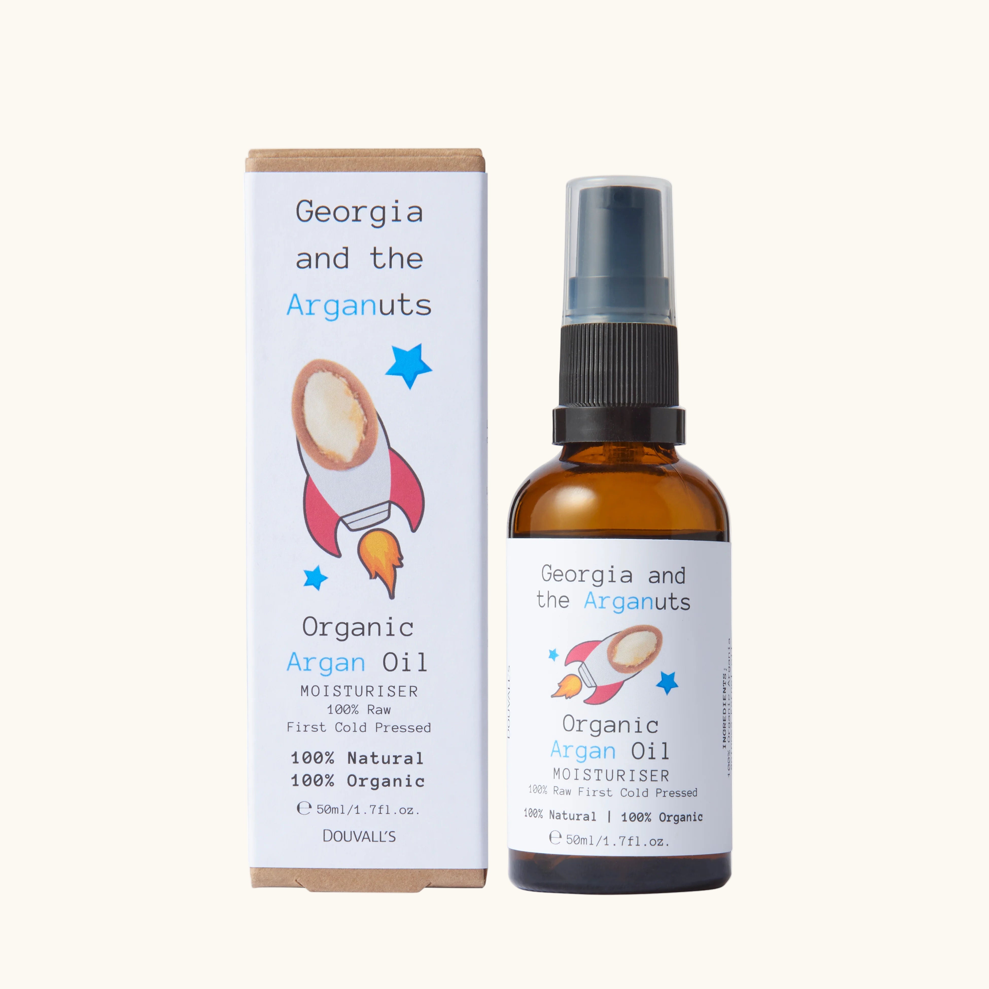 A product image featuring Georgia and the Arganuts Children's Organic Argan Oil Moisturiser in a 50ml packaging. The packaging is predominantly white with blue and star graphics, and a spray pump dispenser.