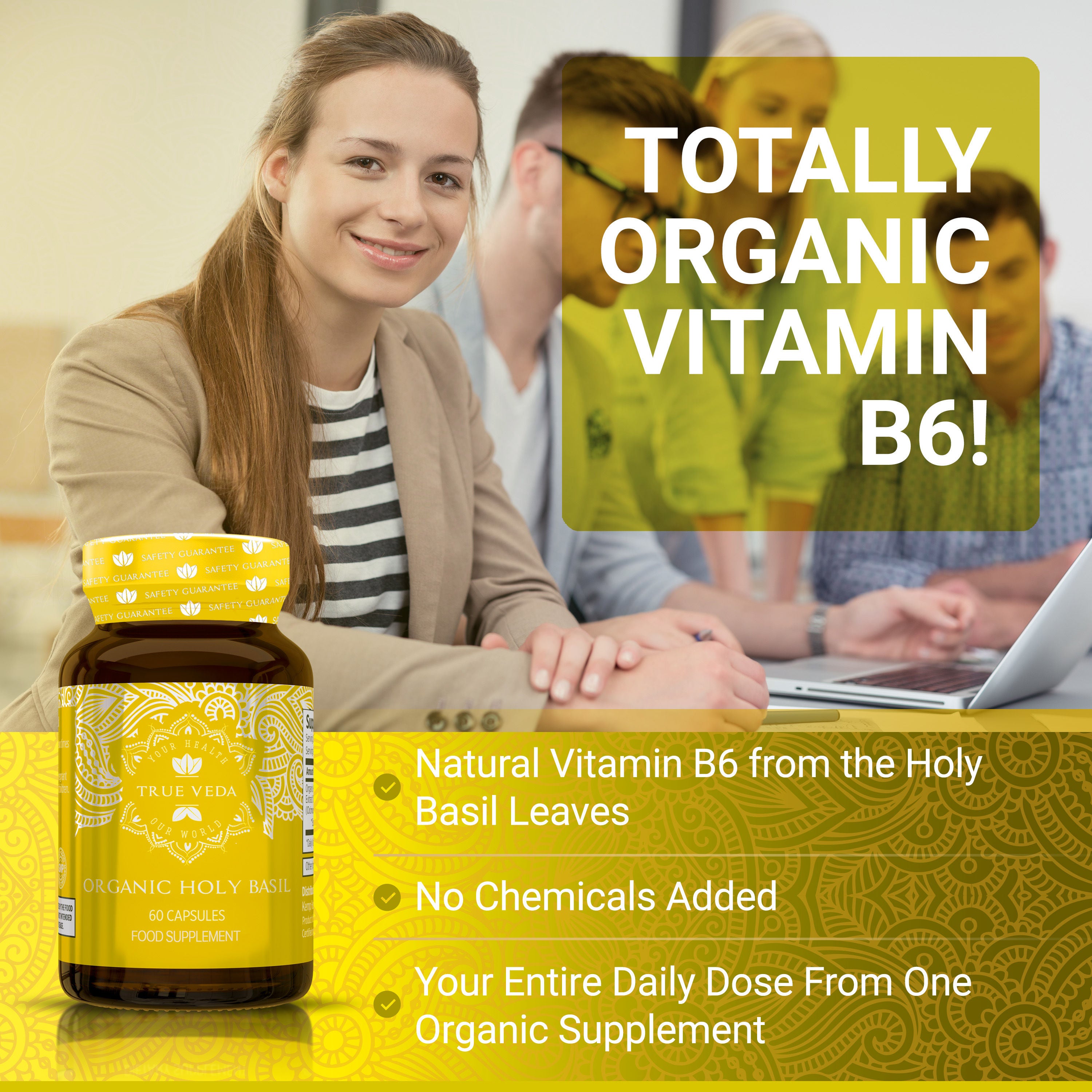 True Veda Organic Holy Basil Vitamin B6 360 Capsules (6 Bottles)