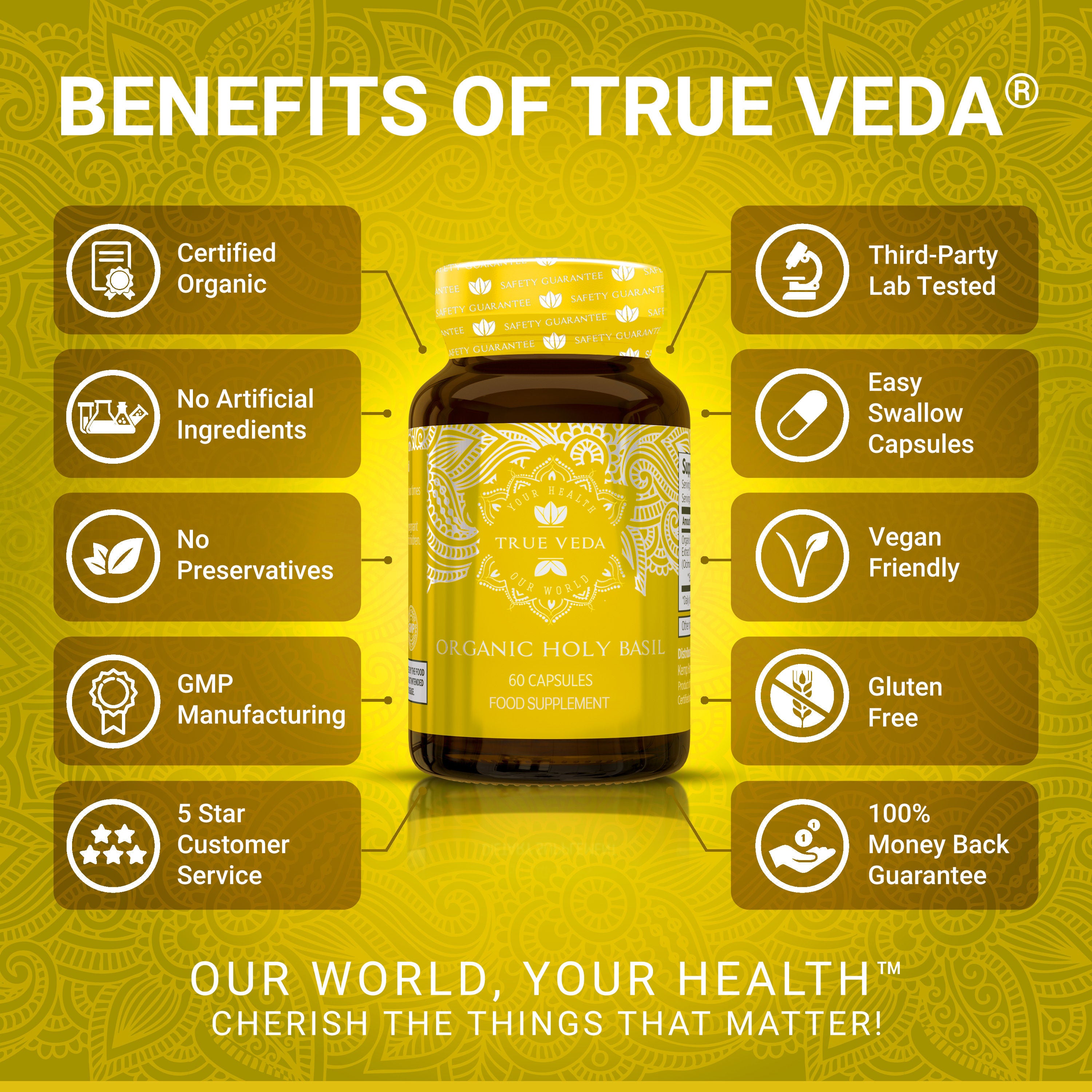 True Veda Organic Holy Basil Vitamin B6 360 Capsules (6 Bottles)