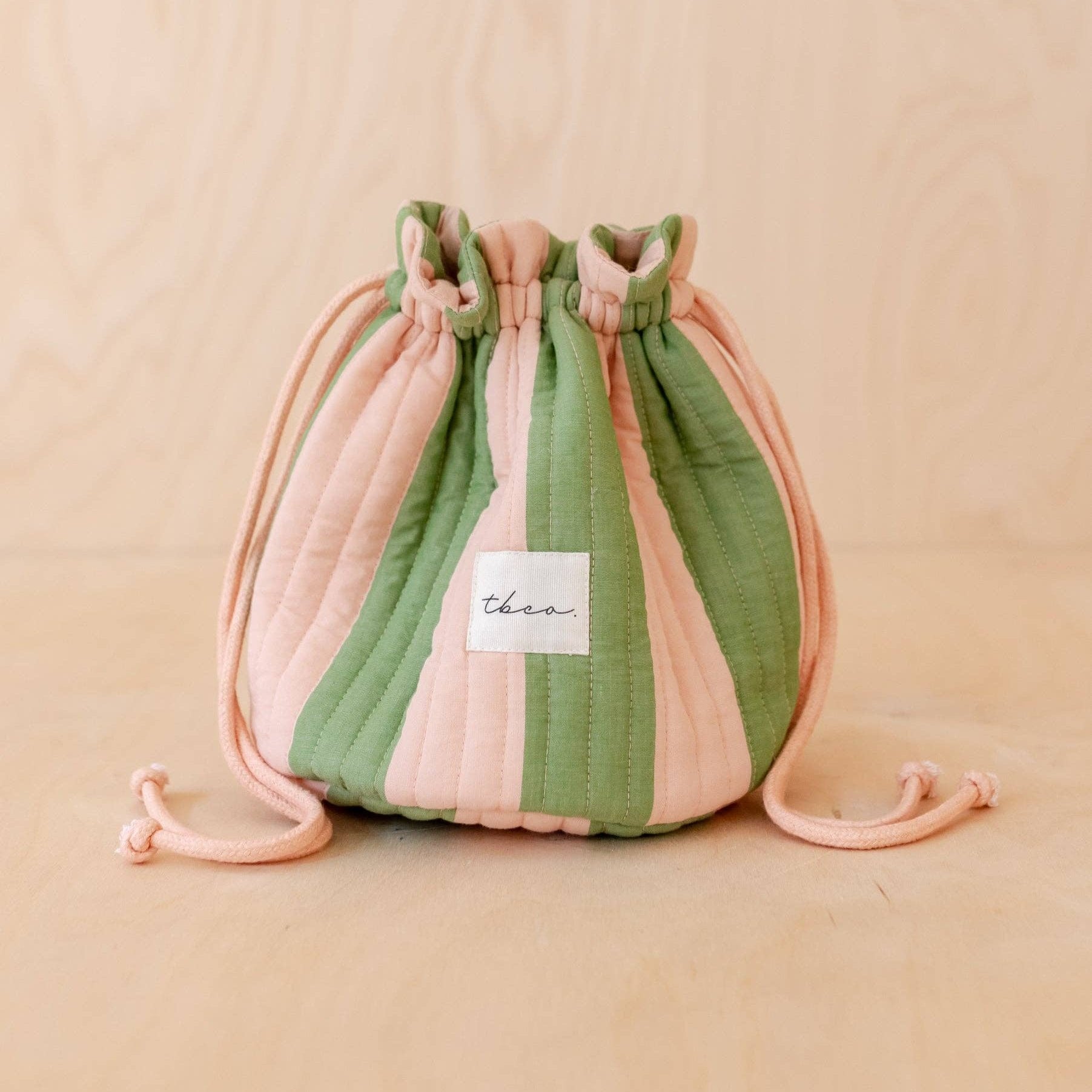 Quilted Cotton Wash Bag in Green Stripe