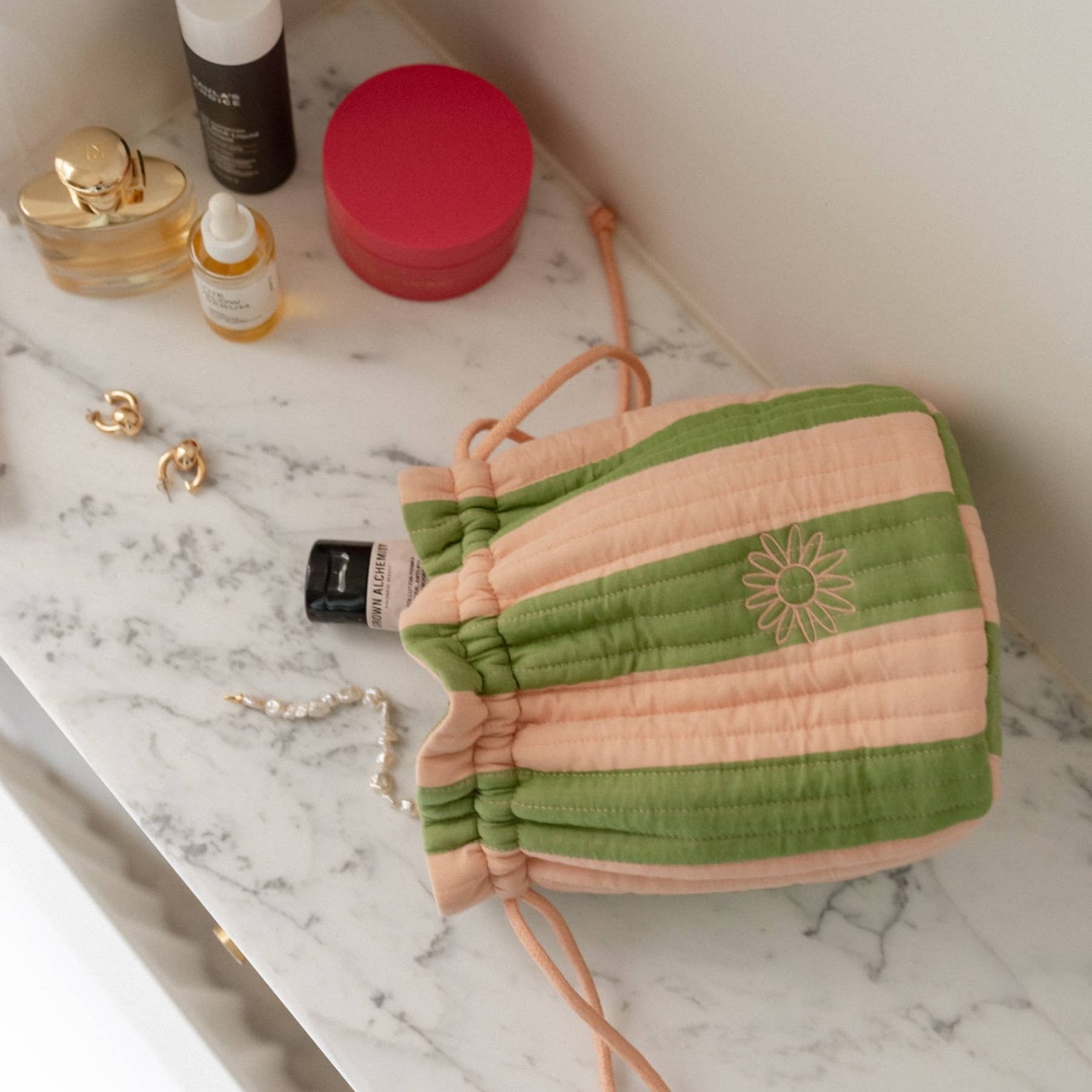 Quilted Cotton Wash Bag in Green Stripe