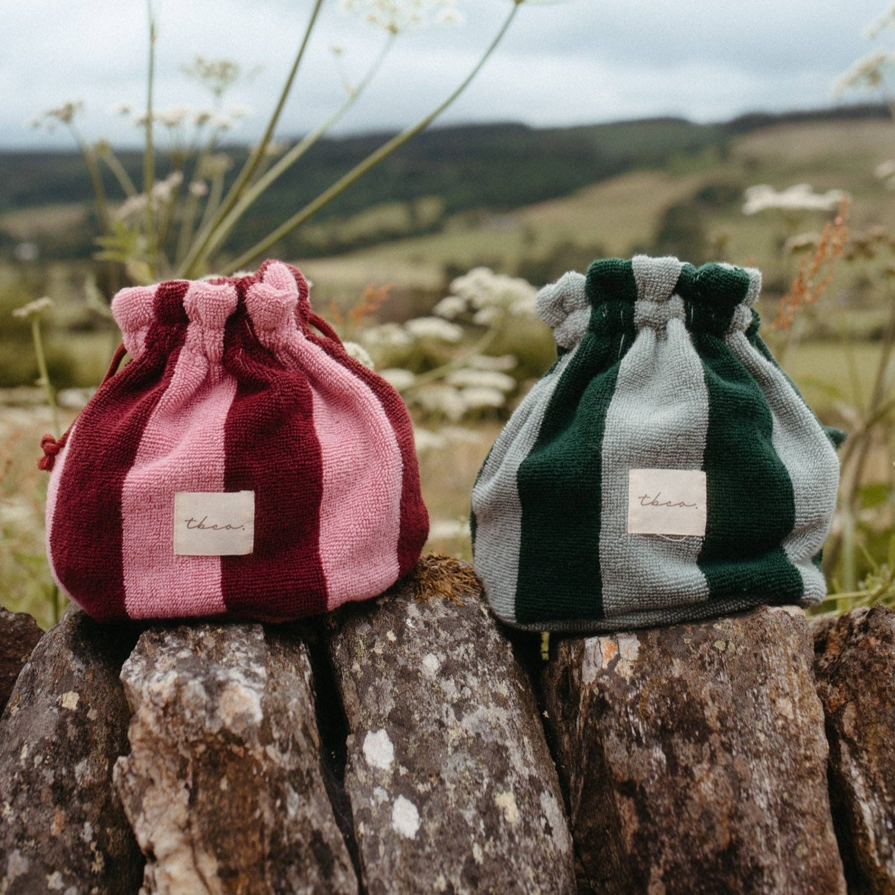Terry Cotton Wash Bag in Green Stripe