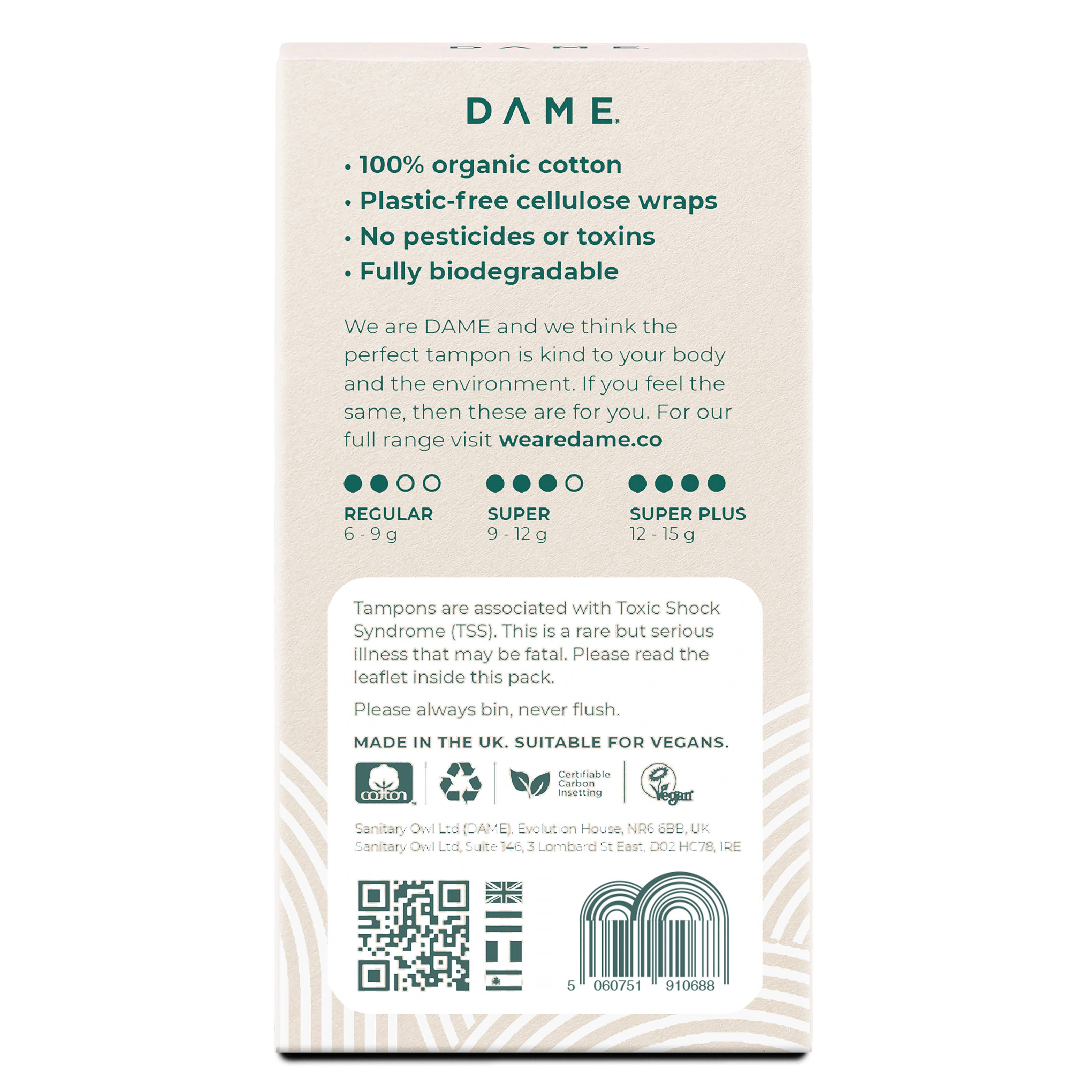 DAME Organic Cotton Tampons ~ Super (16-pack)