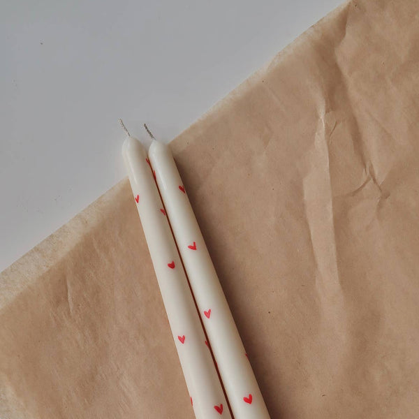 Long Taper Candles with Hand-Painted Red Hearts