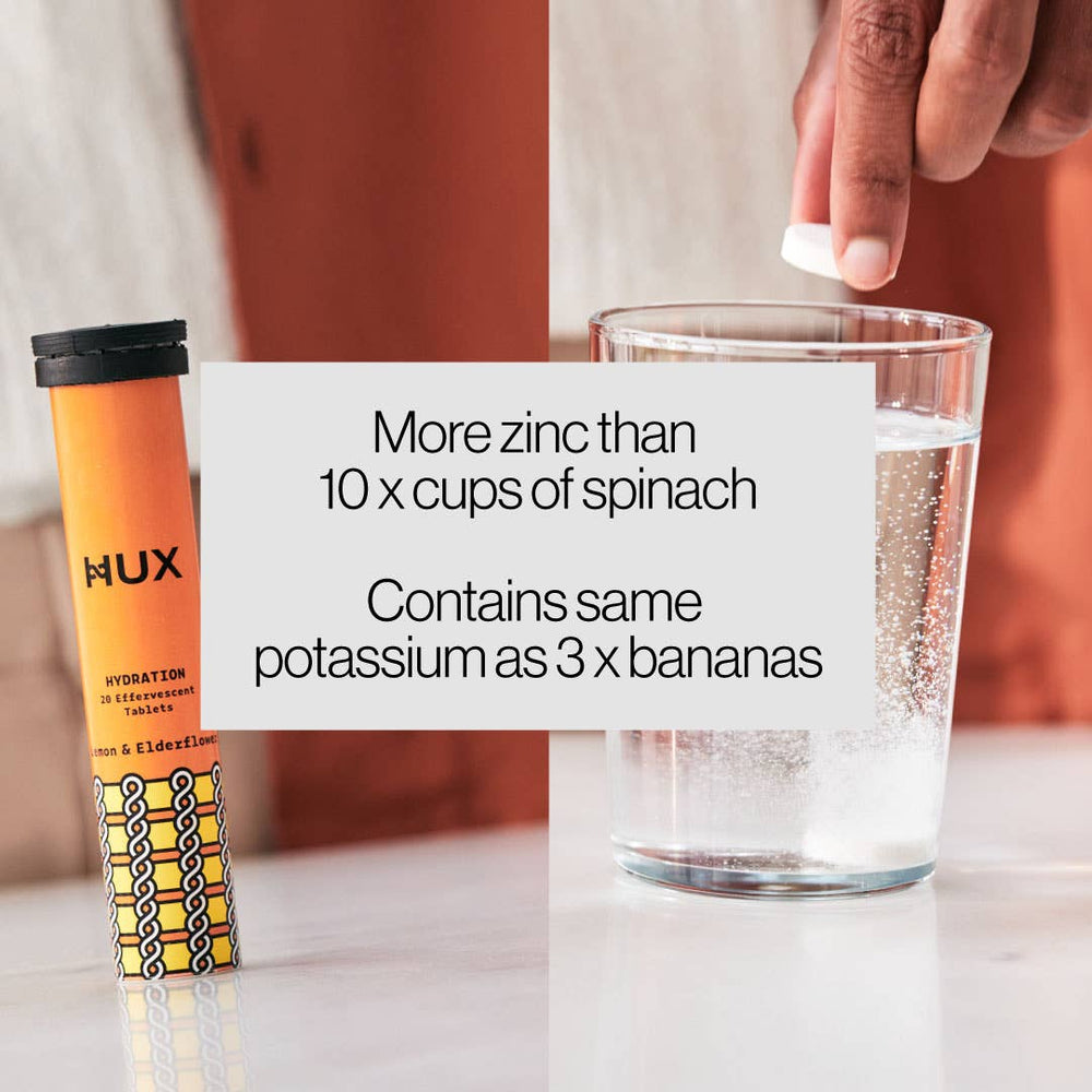 HUX Hydration effervescent tablets in a Lemon & Elderflower tube, product photo for the natural health supplements collection.

