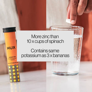 HUX Lemon & Elderflower hydration tablets beside a glass as a tablet drops in, with text comparing zinc and potassium levels.

