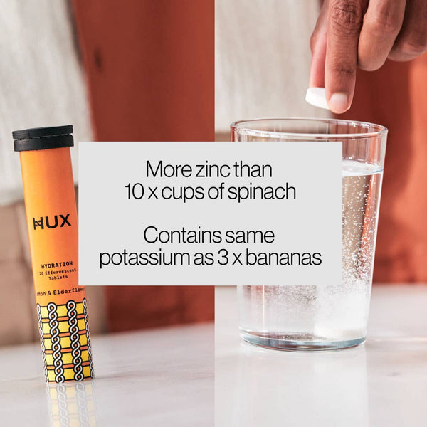 HUX Lemon & Elderflower hydration tablets beside a glass as a tablet drops in, with text comparing zinc and potassium levels.

