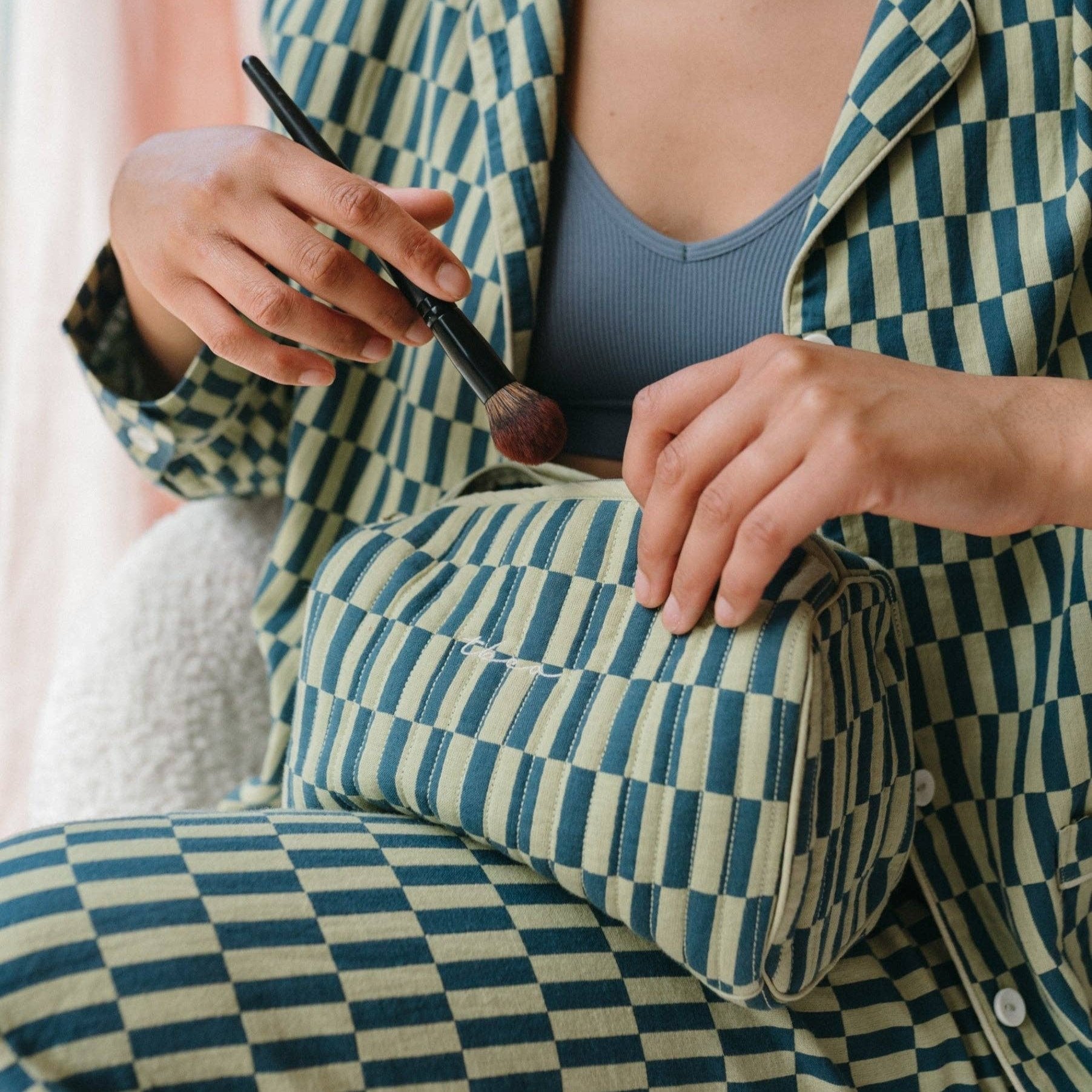 Cotton Wash Bag in Green Checkerboard