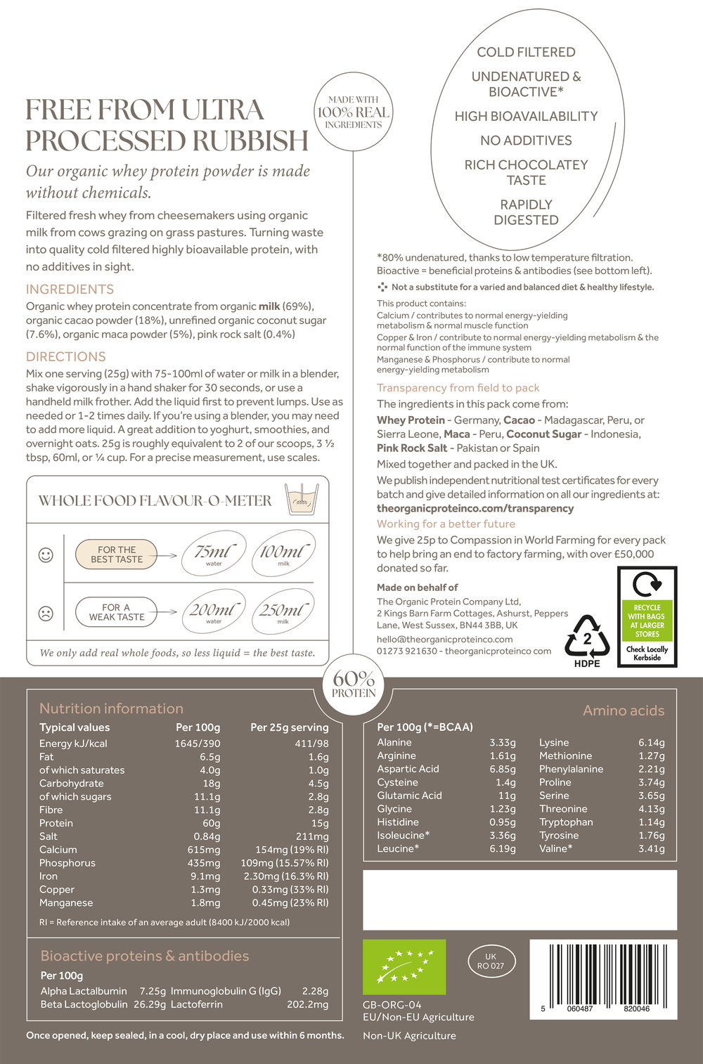 The Organic Protein Co. - Chocolate Organic Whey Protein (Cacao & Maca)