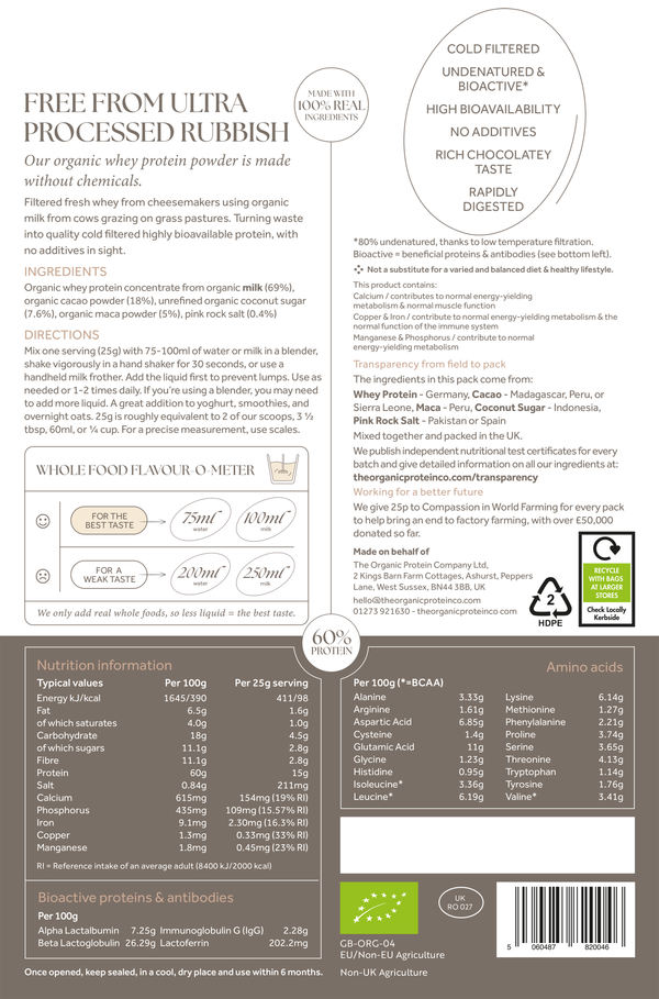 The Organic Protein Co. - Chocolate Organic Whey Protein (Cacao & Maca)