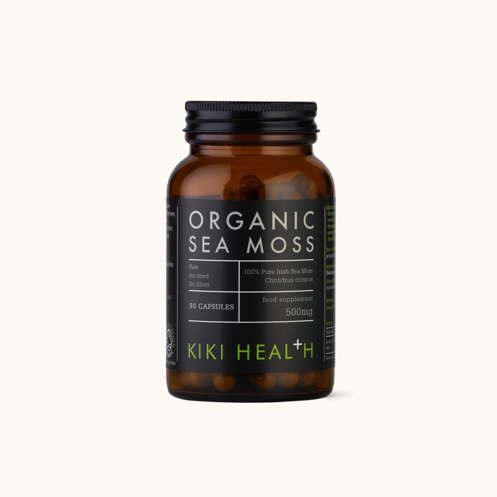 A bottle of Kiki Health Organic Sea Moss dietary supplement capsules, shown on a clean off-white background.