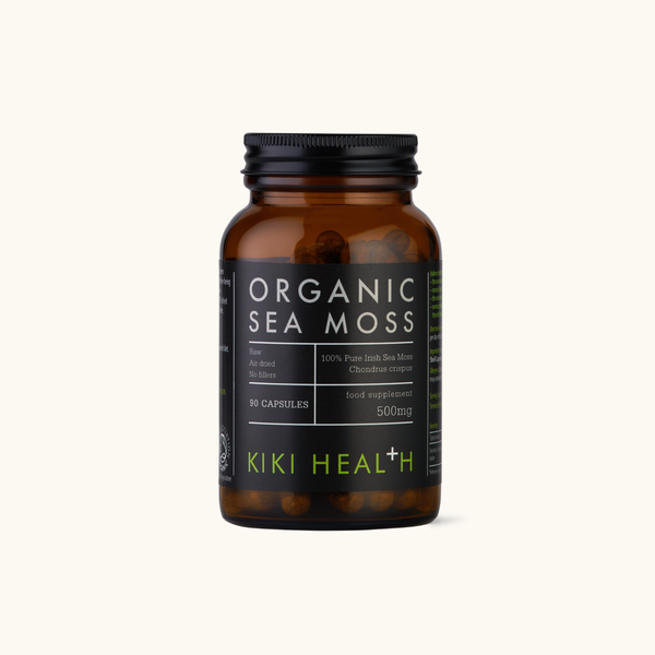 A bottle of Kiki Health Organic Sea Moss dietary supplement capsules, shown on a clean off-white background.