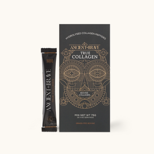 Ancient + Brave True Collagen sachet beside box packaging on white background; grass-fed bovine collagen peptides, 15 servings.


