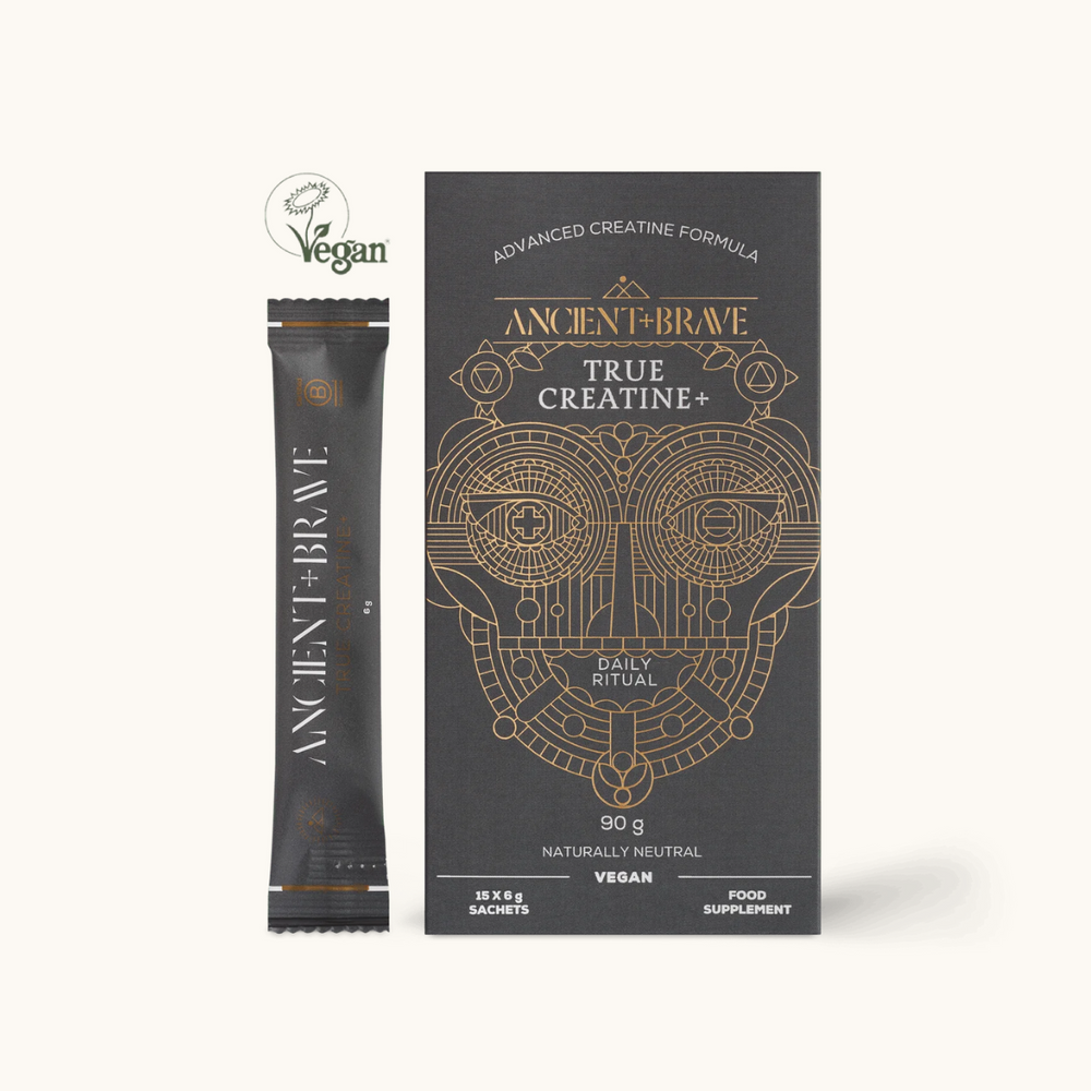 Ancient + Brave True Creatine+ vegan sachets with box packaging on white background, naturally neutral creatine supplement.


