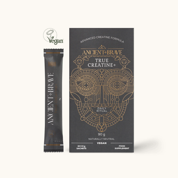 Ancient + Brave True Creatine+ vegan sachets with box packaging on white background, naturally neutral creatine supplement.

