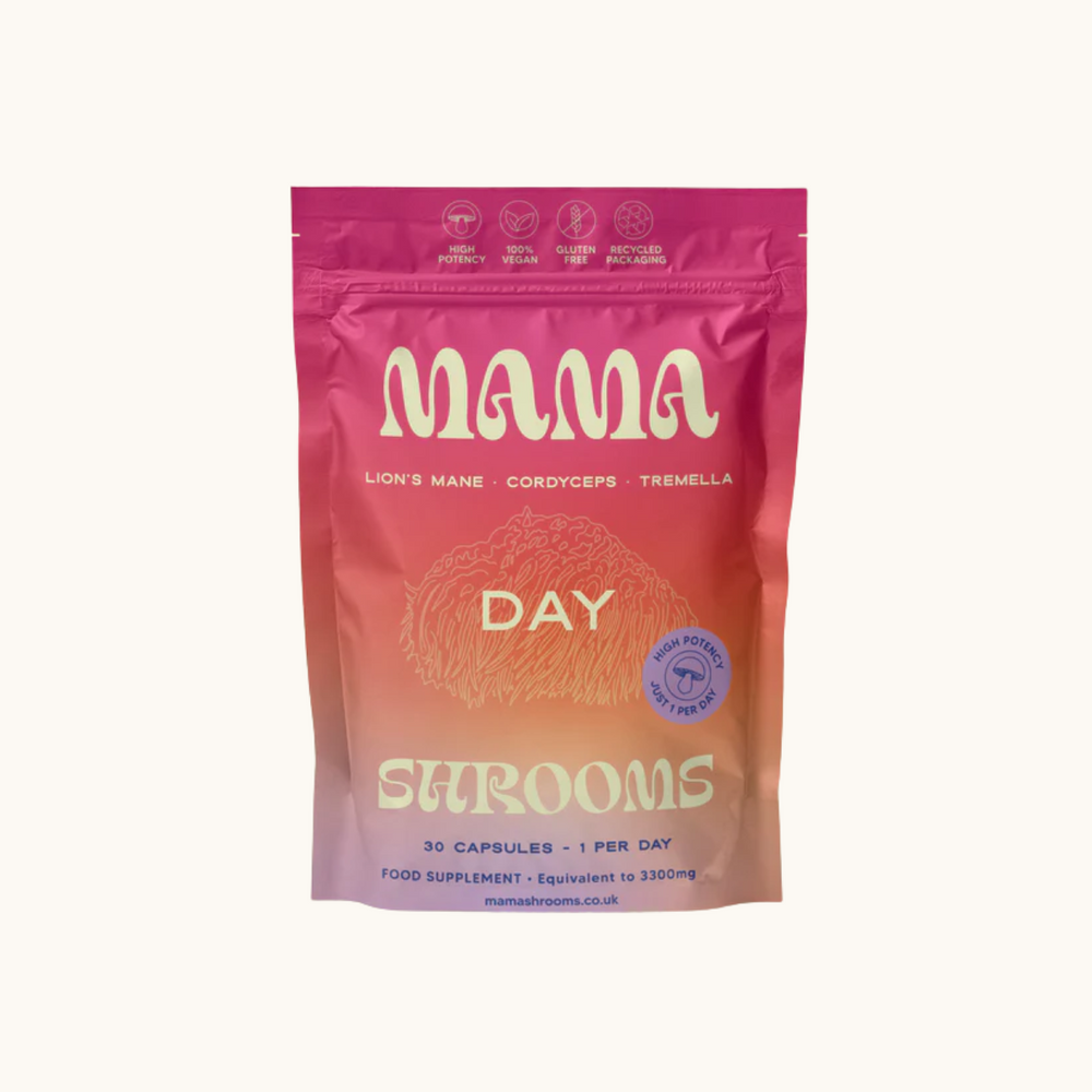Mama Shrooms Day mushroom supplement pouch with Lion's Mane, Cordyceps and Tremella, 30 vegan capsules, front view on white.

