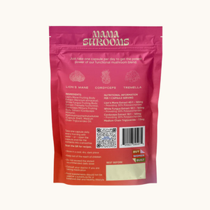 Back of Mama Shrooms Day pouch showing ingredients, nutrition info per capsule, directions, QR code and barcode for reference.


