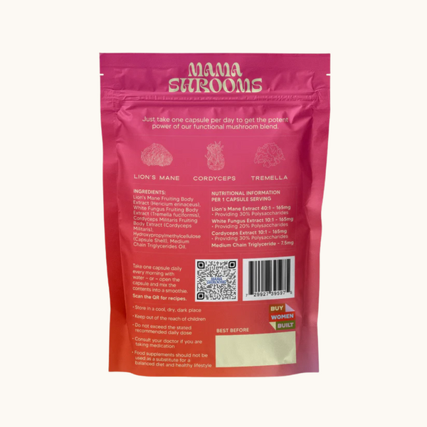 Back of Mama Shrooms Day pouch showing ingredients, nutrition info per capsule, directions, QR code and barcode for reference.

