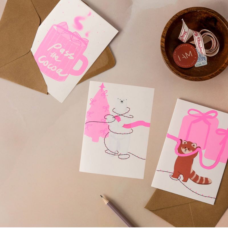 Neon Pink Christmas Cards Multipack x3 Cards