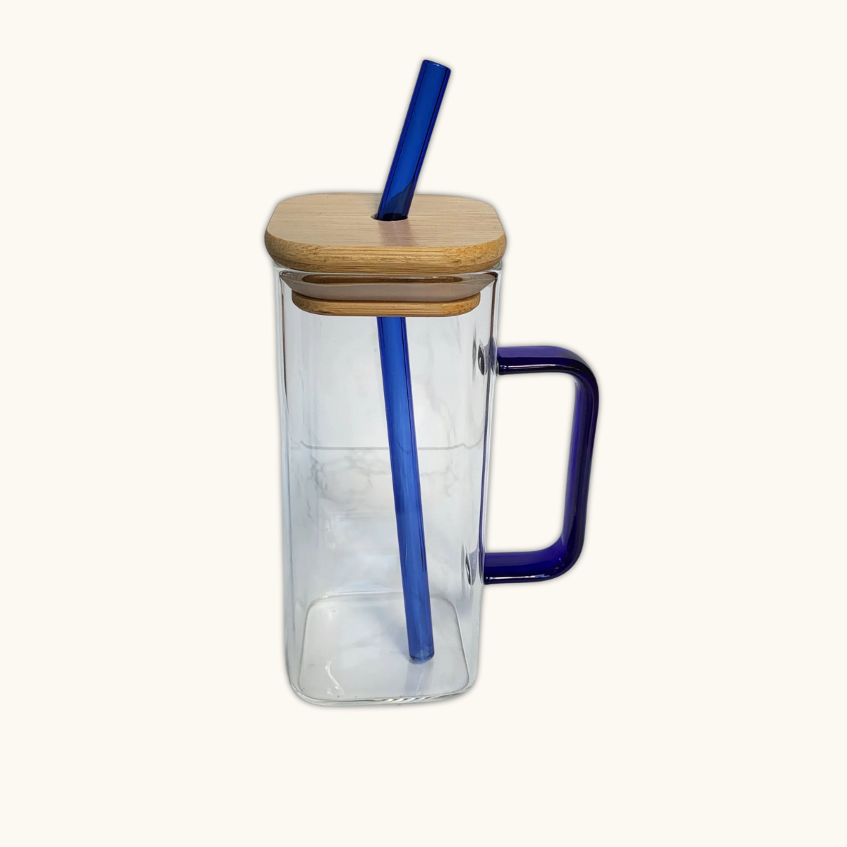 Glass Tumbler with bamboo lid, glass straw and handle