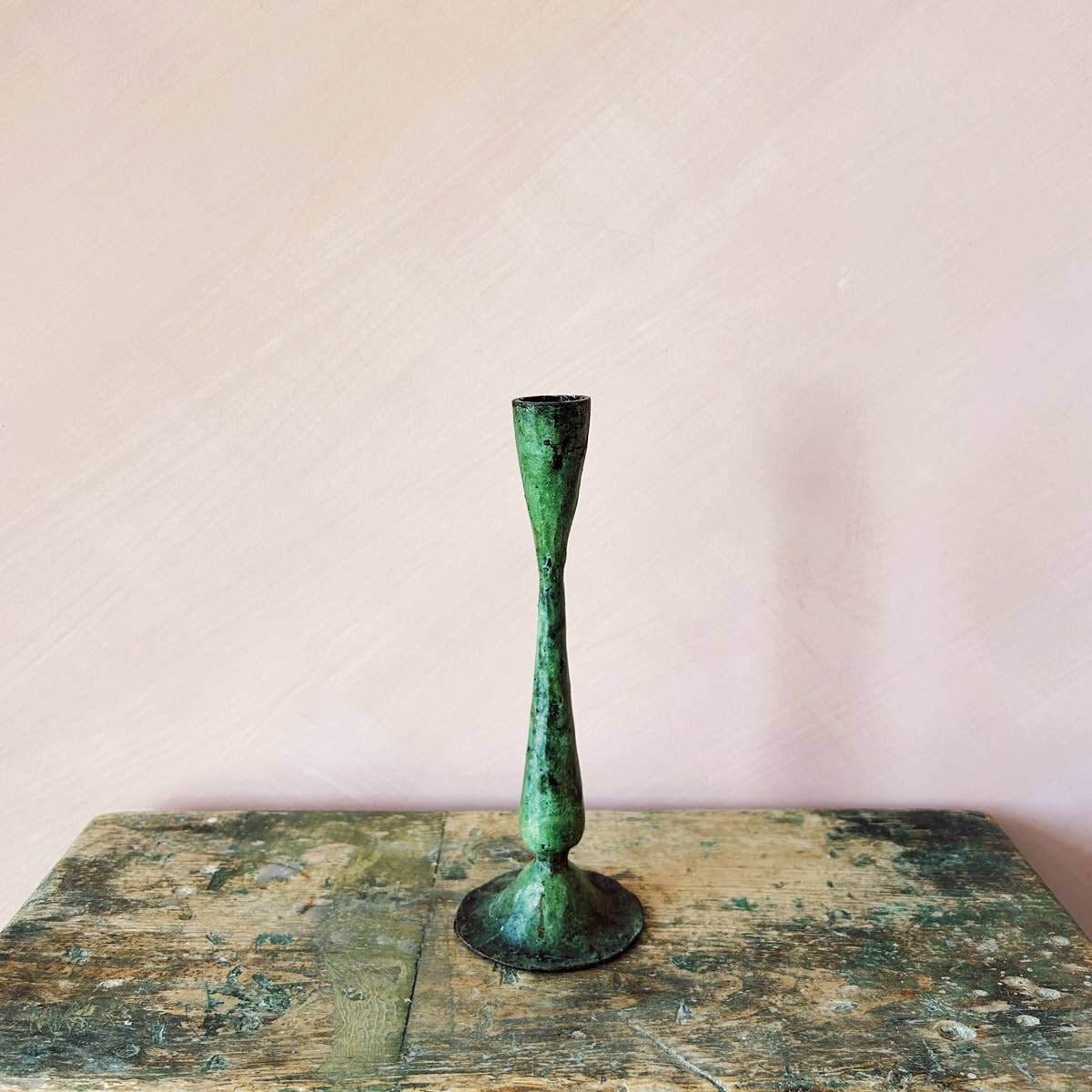 Small Handcrafted Candle Holder, Verdigris