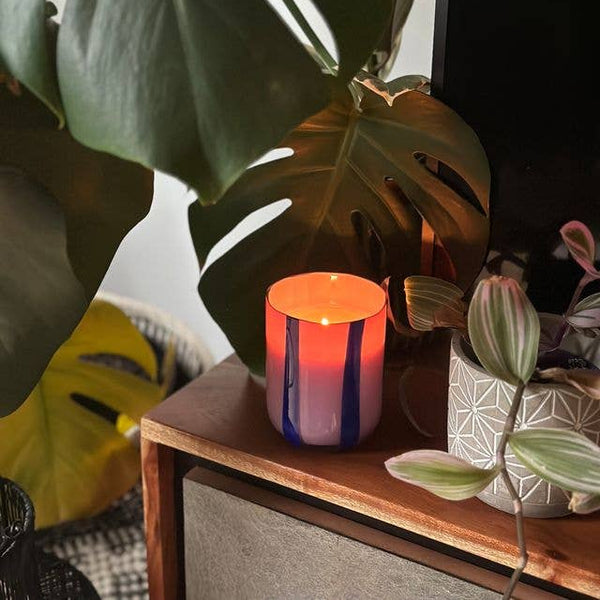 Candle in a decorative holder on a wooden surface with plants in the background