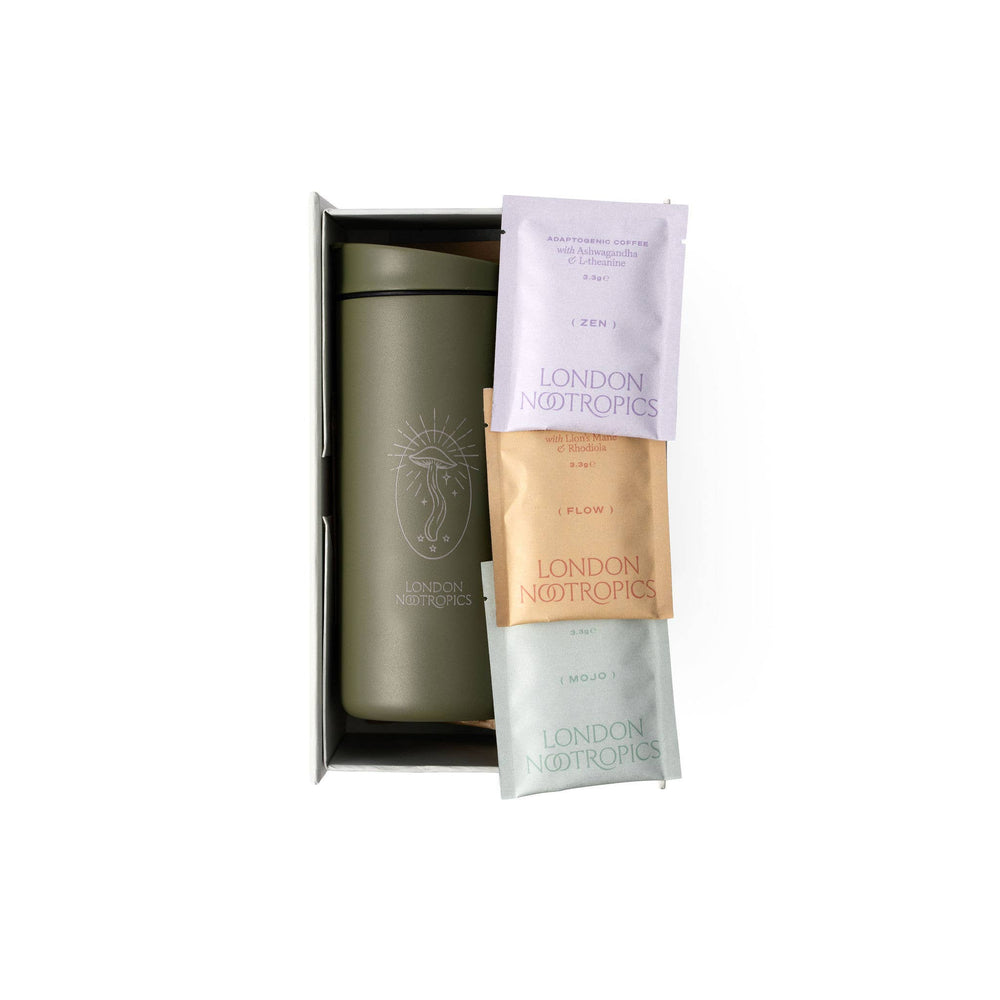 London Nootropics Gift Box with Travel Coffee Cup: Khaki