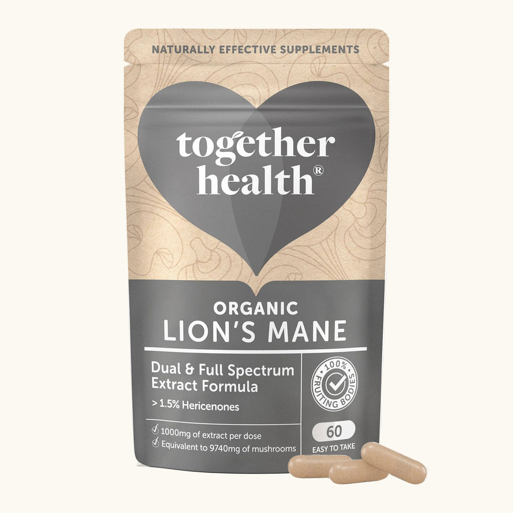 Together Health Organic Lion's Mane supplement package with capsules on a white background