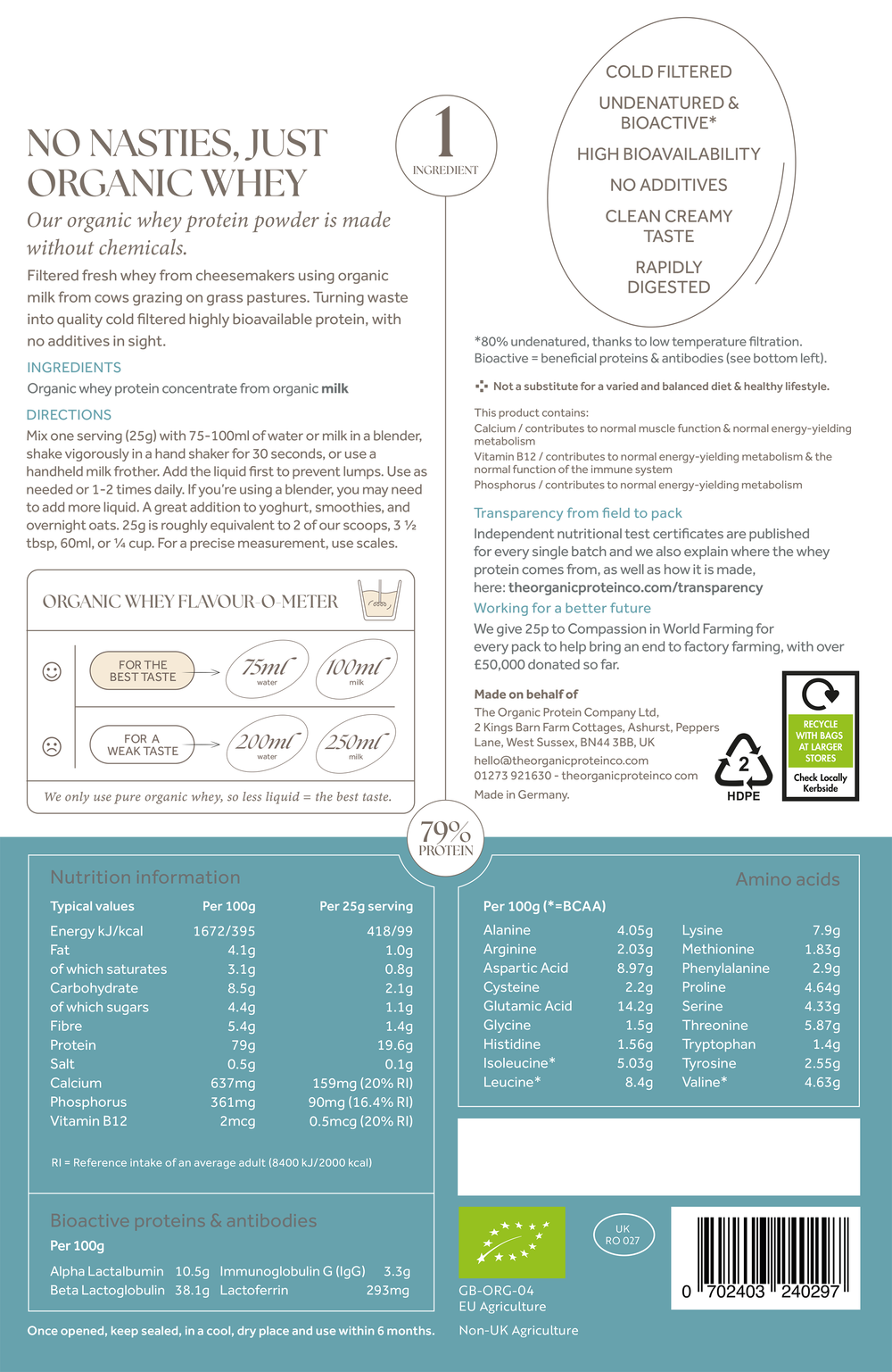 The Organic Protein Co. - Pure Unflavoured Organic Whey Protein