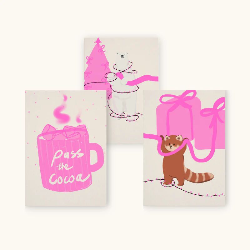 Neon Pink Christmas Cards Multipack x3 Cards