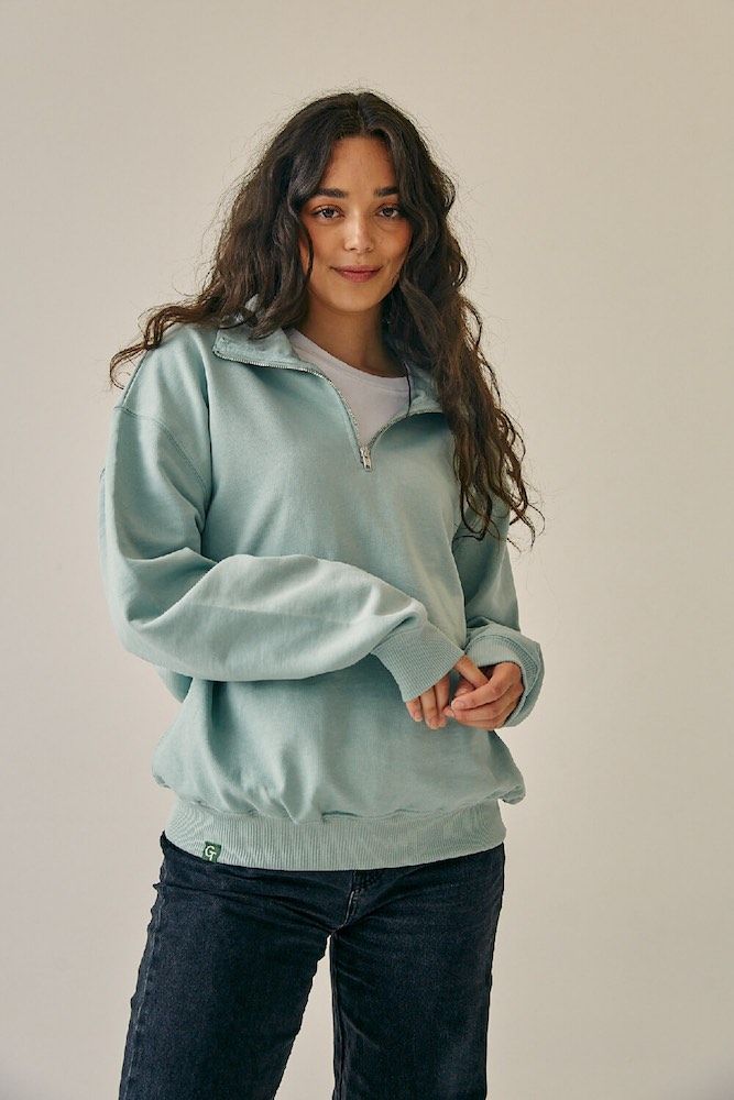 ORGANIC COTTON QUARTER ZIP JACKET - AQUA GREEN