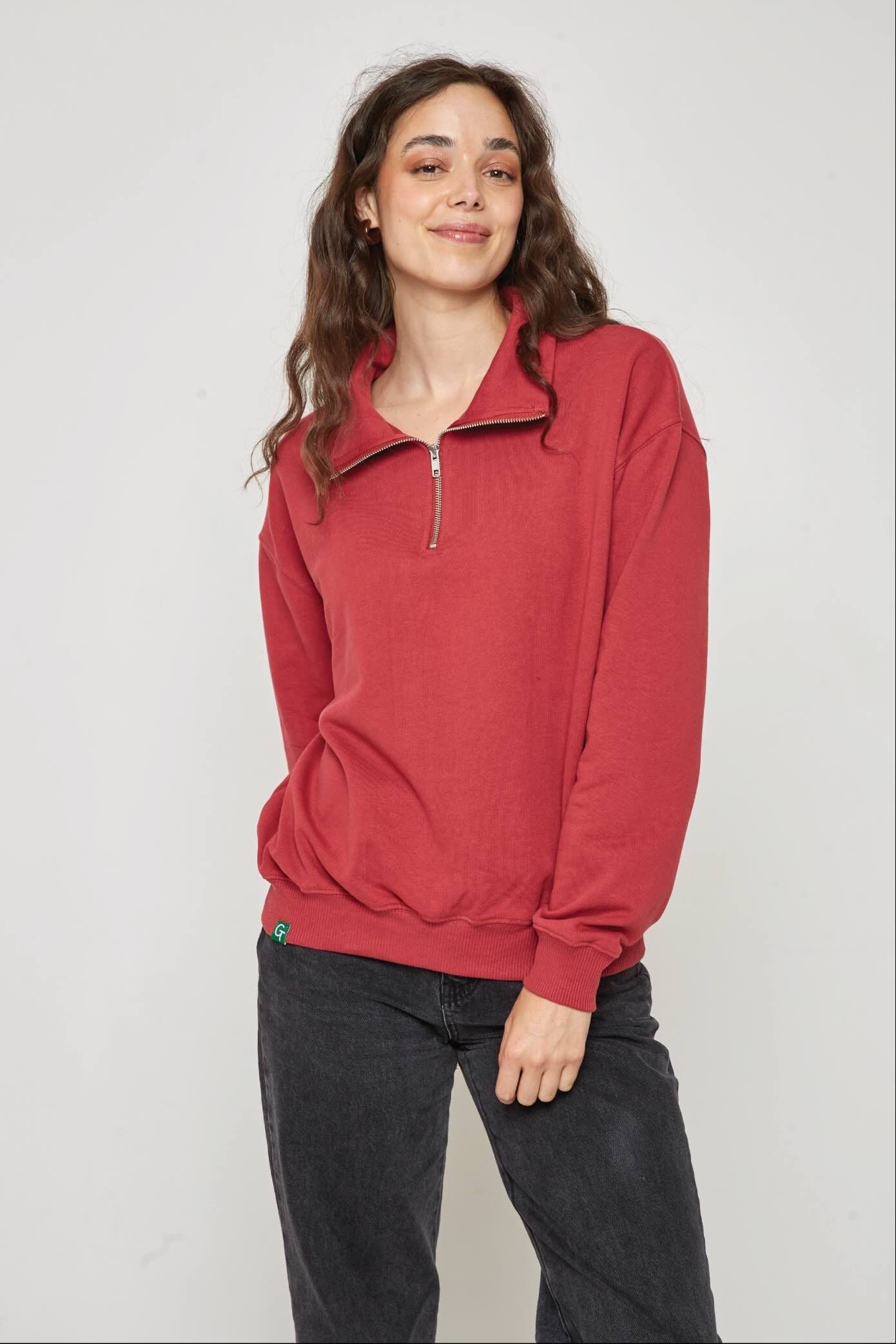 ORGANIC COTTON QUARTER ZIP JACKET - CHILLI RED