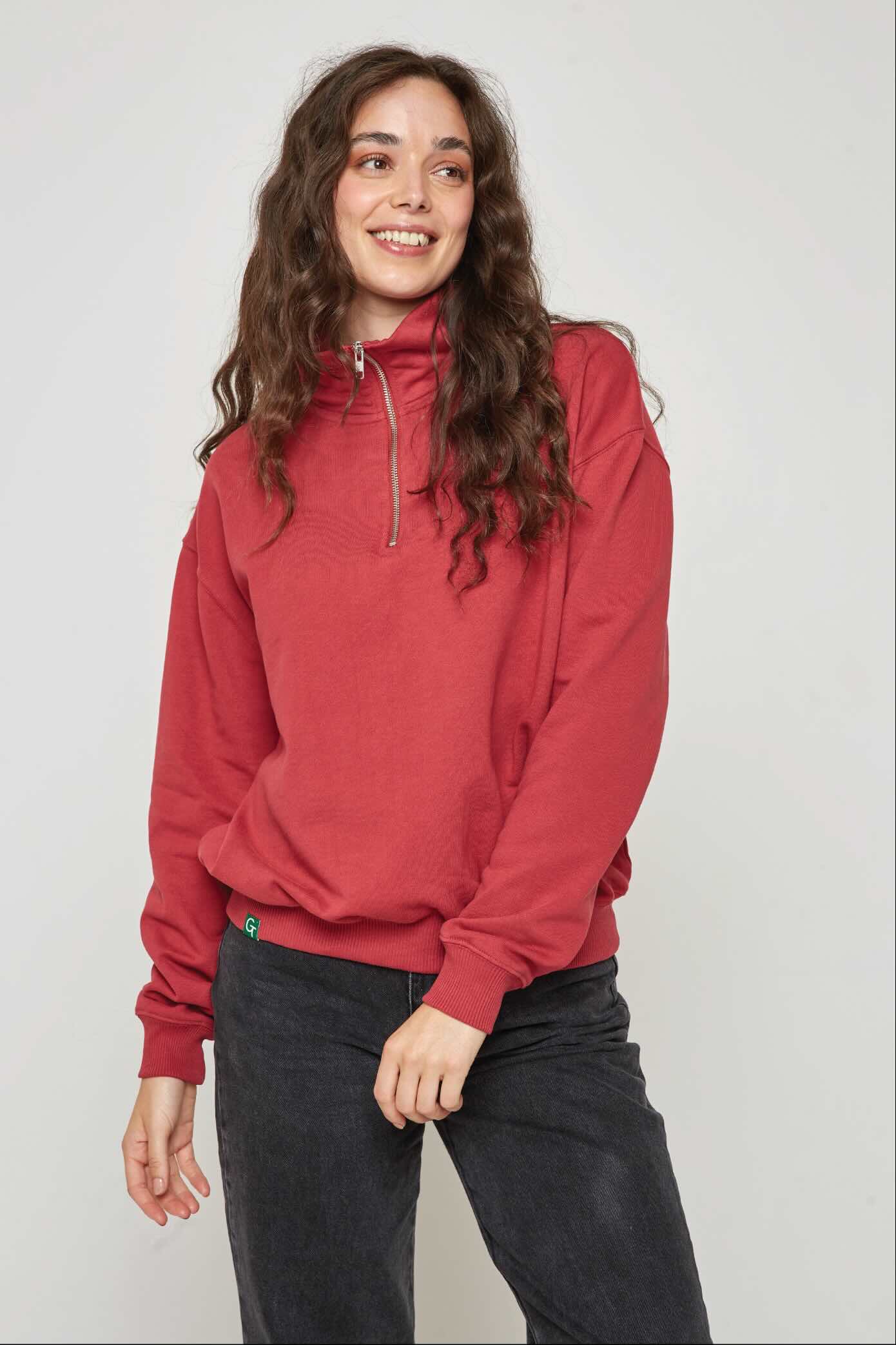 ORGANIC COTTON QUARTER ZIP JACKET - CHILLI RED