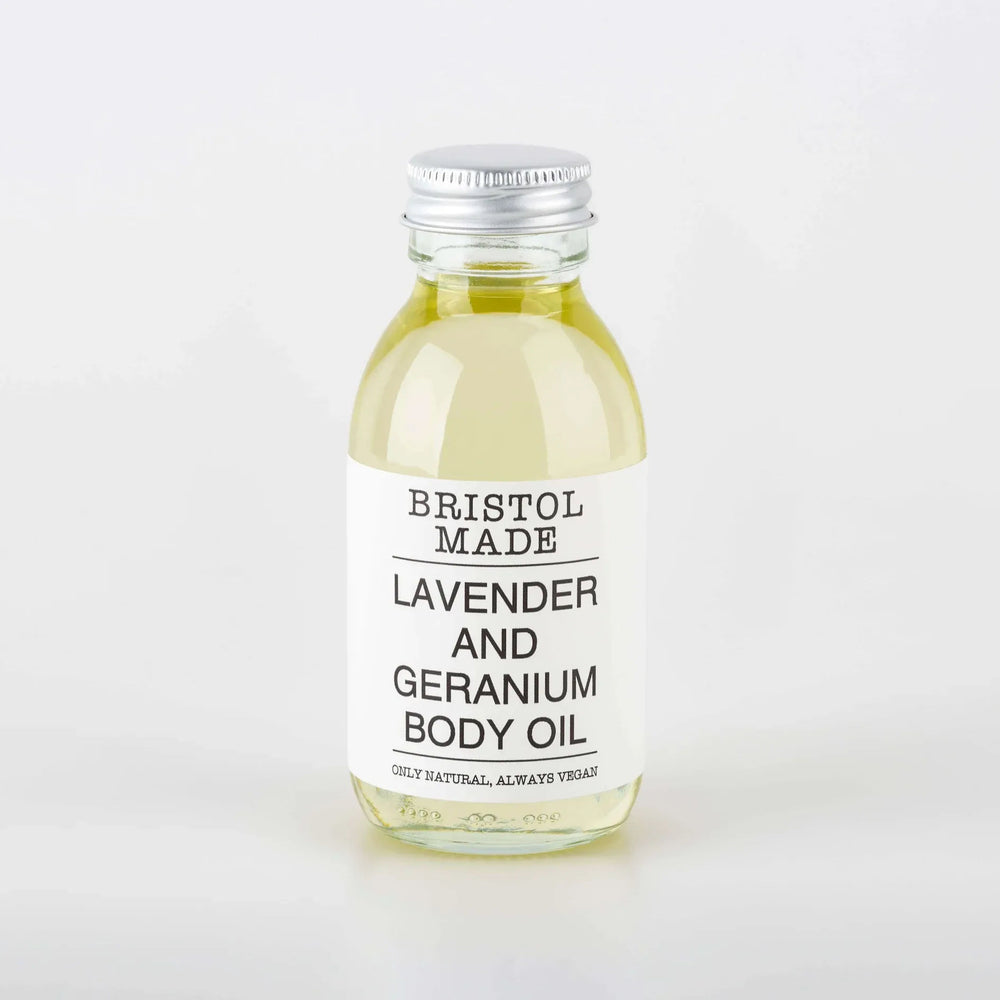Bristolmade Lavender and Geranium Body Oil bottle on white background, natural body oil for a calming evening routine before bed.

