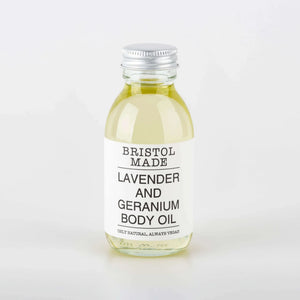 Bristolmade Lavender and Geranium Body Oil bottle on white background, natural body oil for a calming evening routine before bed.

