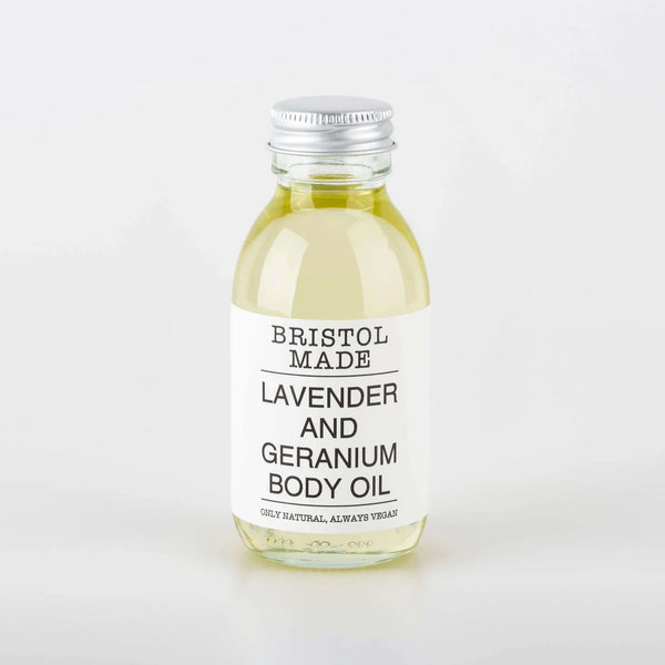 Bristolmade Lavender and Geranium Body Oil bottle on white background, natural body oil for a calming evening routine before bed.

