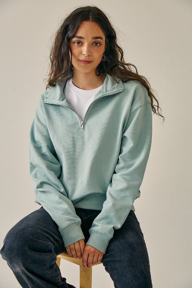 ORGANIC COTTON QUARTER ZIP JACKET - AQUA GREEN