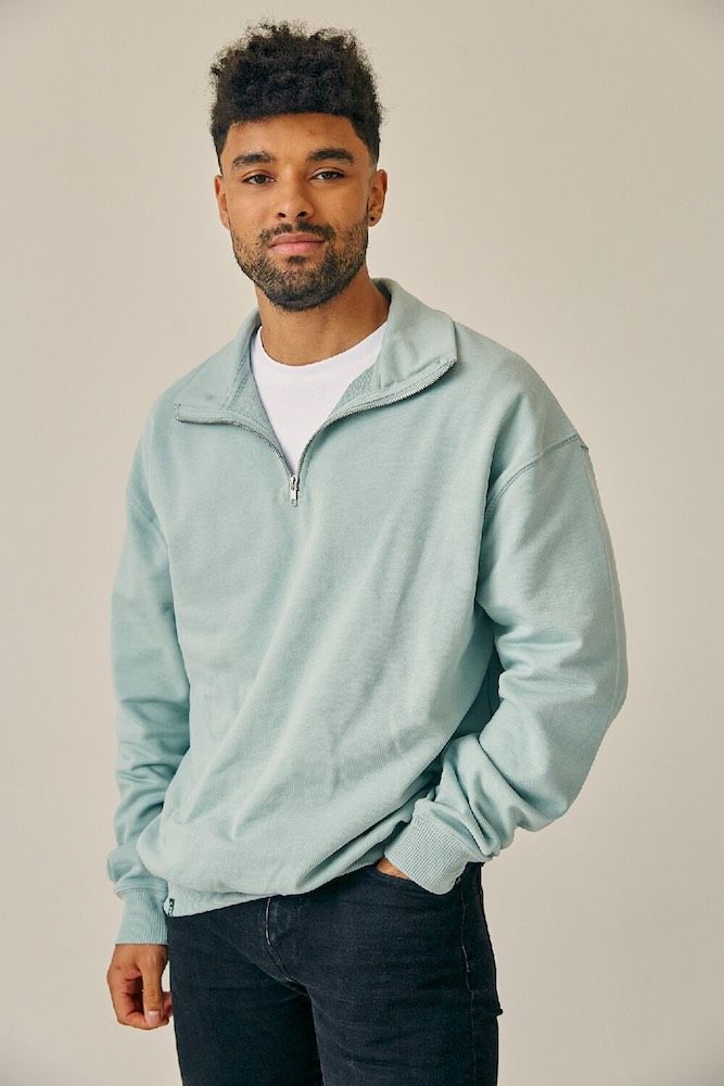 ORGANIC COTTON QUARTER ZIP JACKET - AQUA GREEN