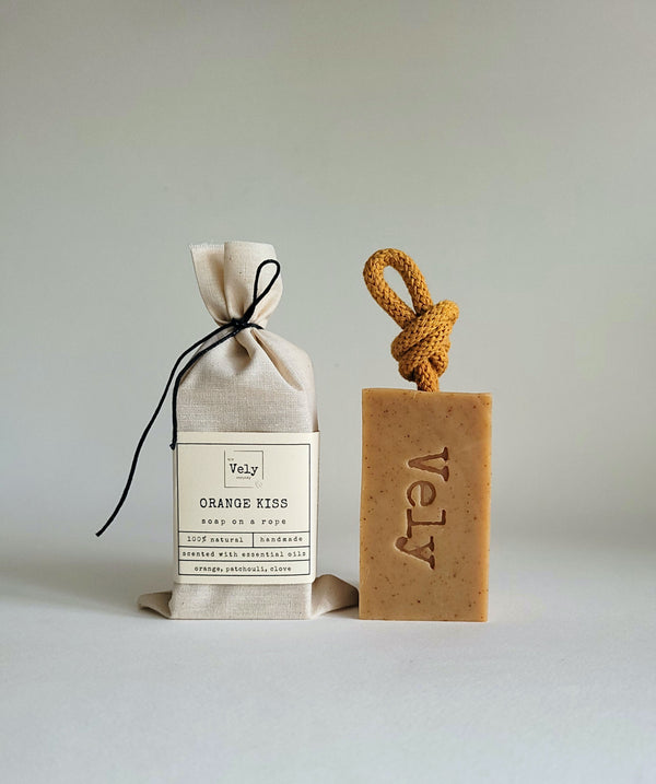 Natural Vegan Soap On A Rope With Orange and Turmeric "Orange Kiss"