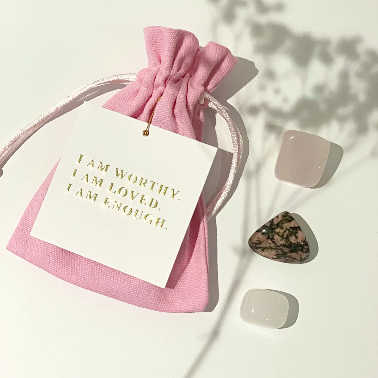 Self-Love Crystal Kit with Affirmation Card - Set of 3 Crystals (Rose Quartz, Clear Quartz, Rhodonite)
