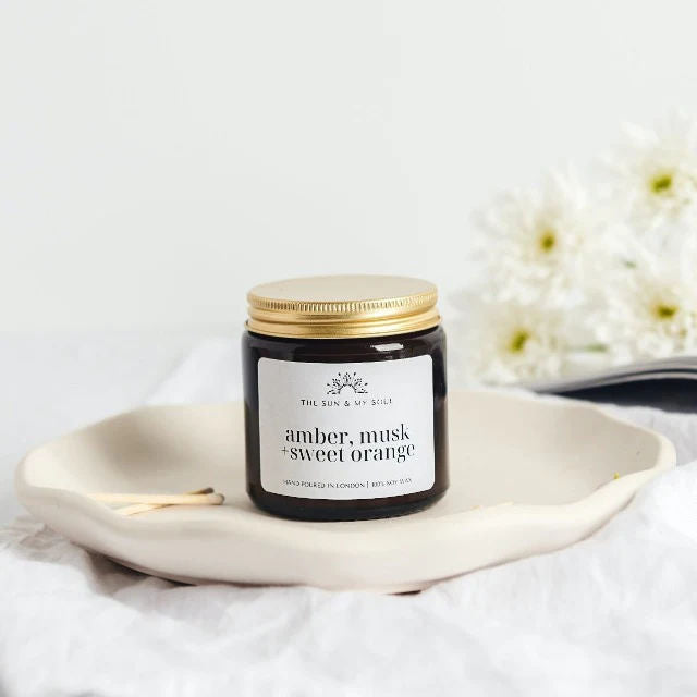 Amber, Musk + Sweet Orange Scented Soy Candle