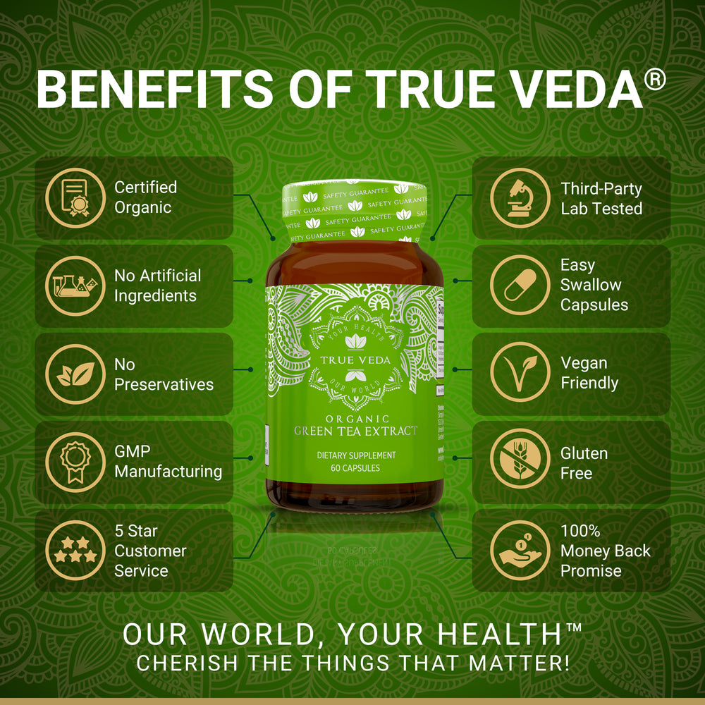 True Veda Organic Green Tea Extract 180 Capsules (3 Bottles)