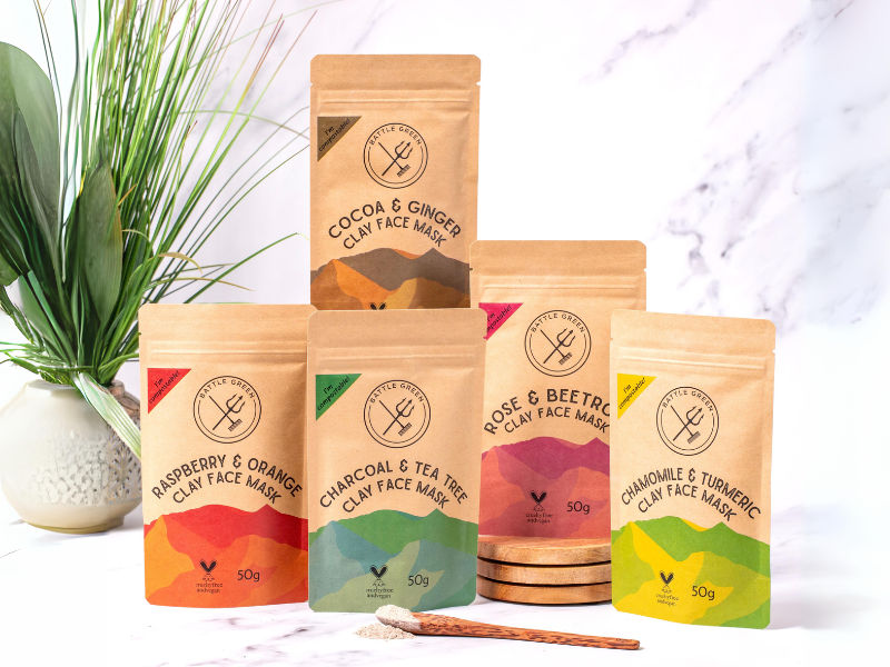 Battle Green clay face masks set with five 50g pouches, including cocoa & ginger, raspberry & orange, chamomile & turmeric.

