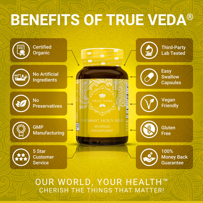 True Veda Organic Holy Basil Vitamin B6 180 Capsules (3 Bottles)