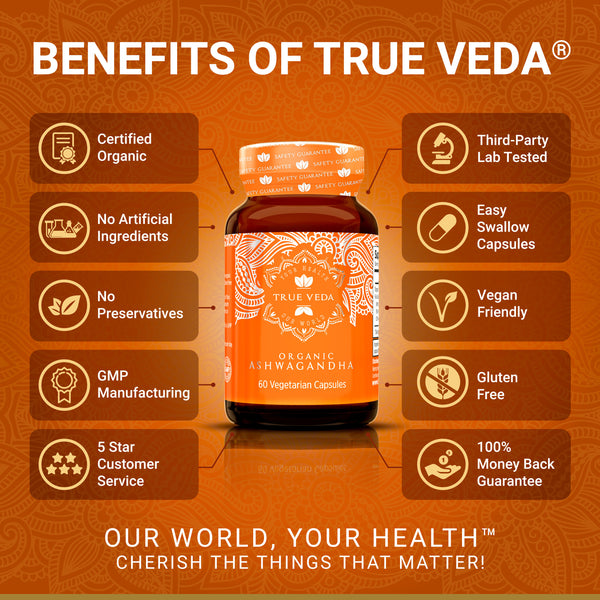 True Veda Organic Ashwagandha 180 Capsules (3 Bottles)