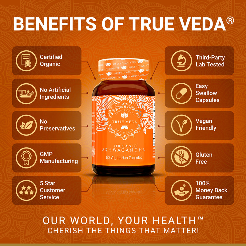 True Veda Organic Ashwagandha 180 Capsules (3 Bottles)